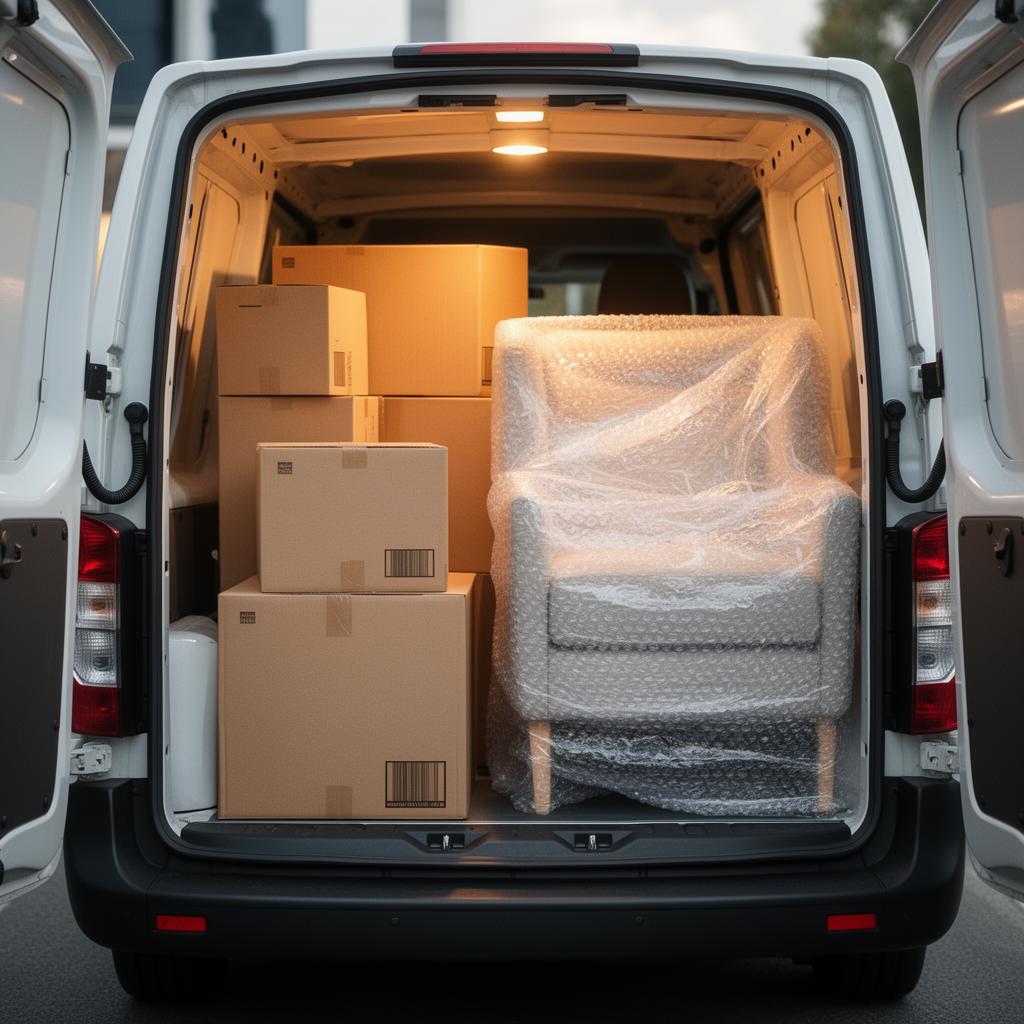 Stacked moving boxes and bubble-wrapped furniture loaded inside an Anointed Link van