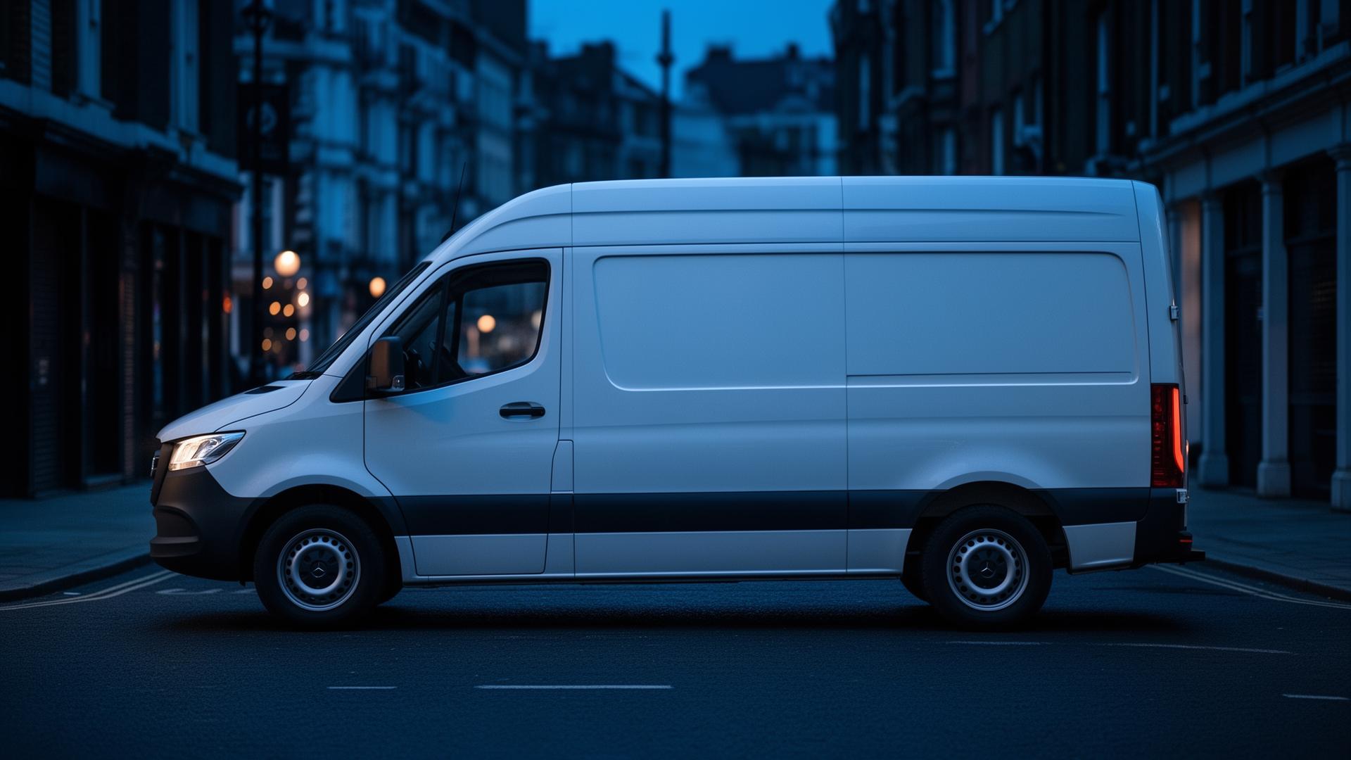 Anointed Link white cargo van parked on a UK city street at dusk