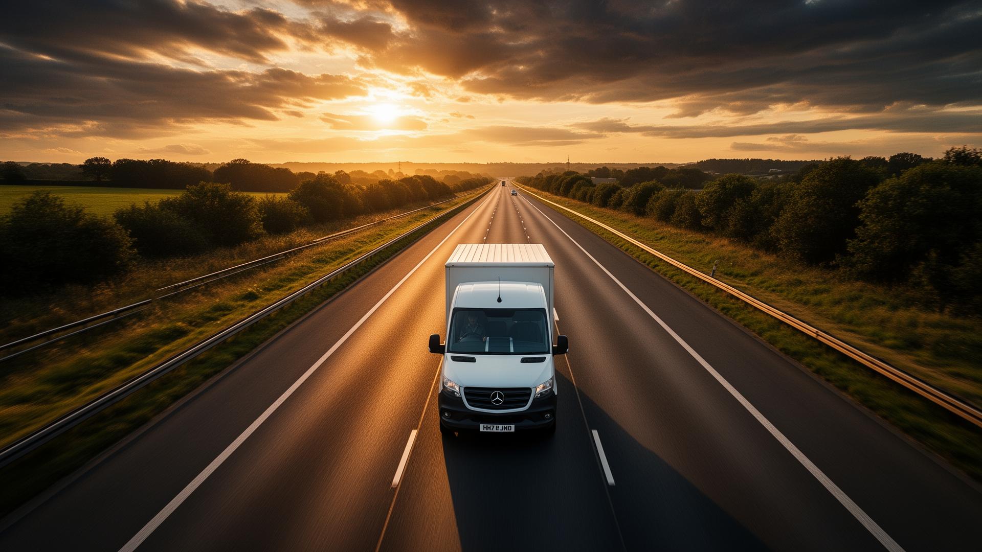 White Anointed Link cargo van driving on a UK motorway at golden hour