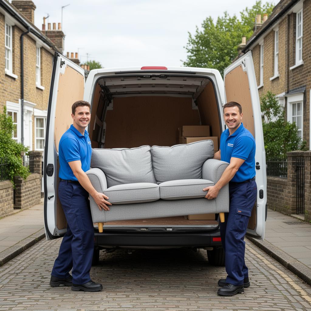 Two professional Anointed Link movers loading a sofa into a white cargo van